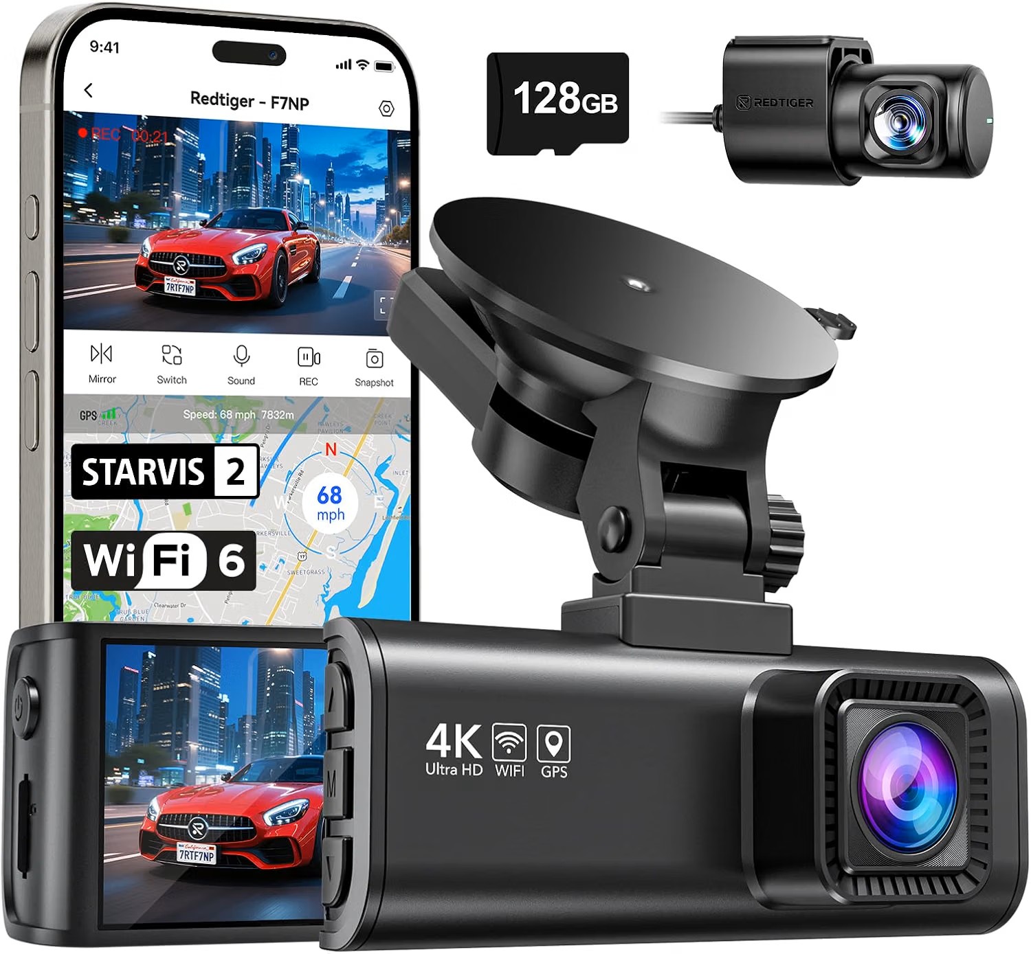 Dashcam Coche 4K+1080P, STARVIS 2, Tarjeta 128GB, WiFi 5,8GHz